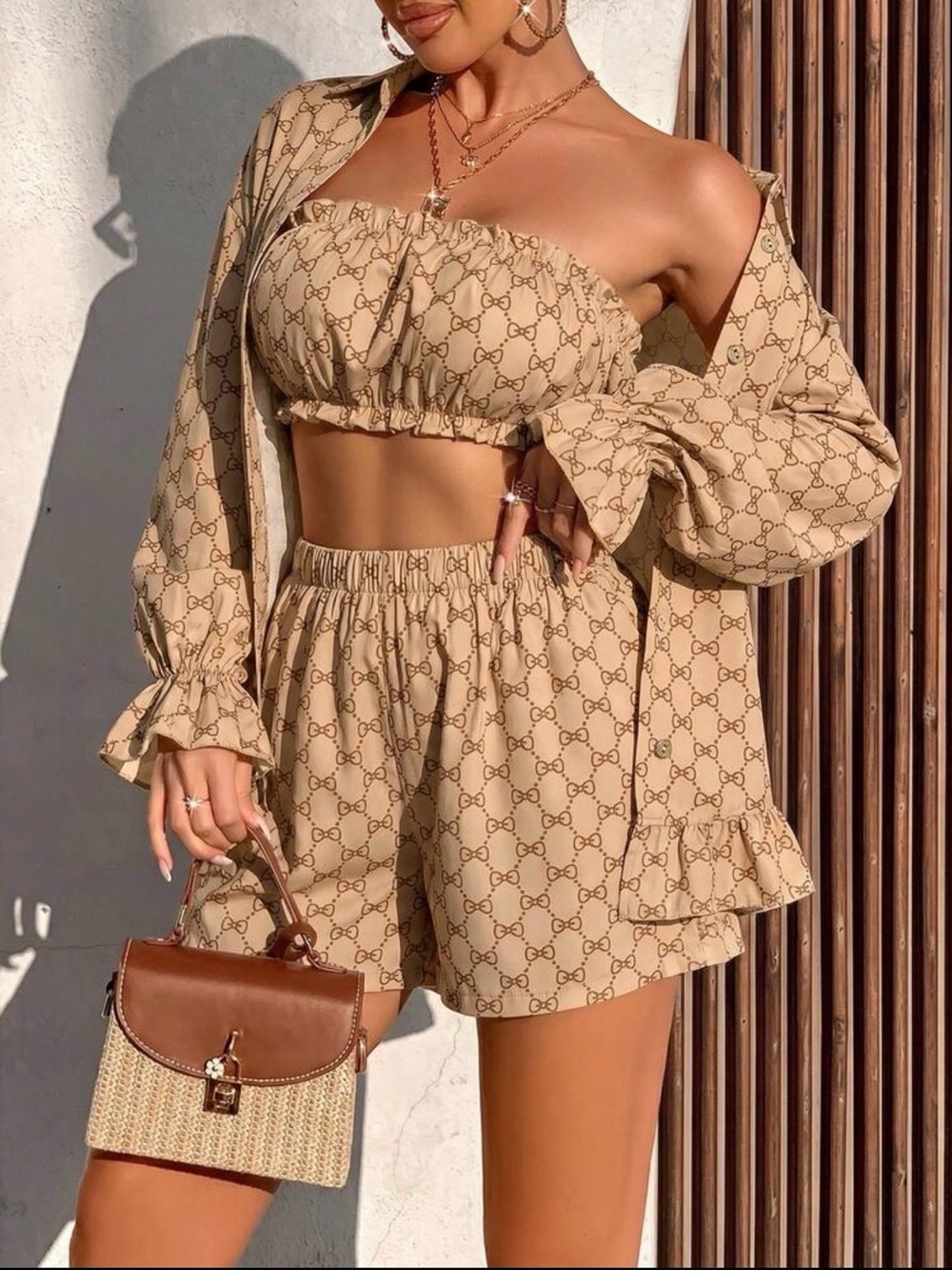 Beige 3 piece -Piece Crop Top & Shorts and Shirt Matching Lounge Set size S - Picture 1 of 6
